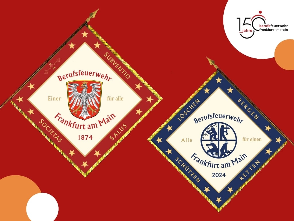 Fahne zum 150. Jubiläum der Berufsfeuerwehr Frankfurt | 1874 - 2024 | © Feuerwehr Frankfurt am Main
