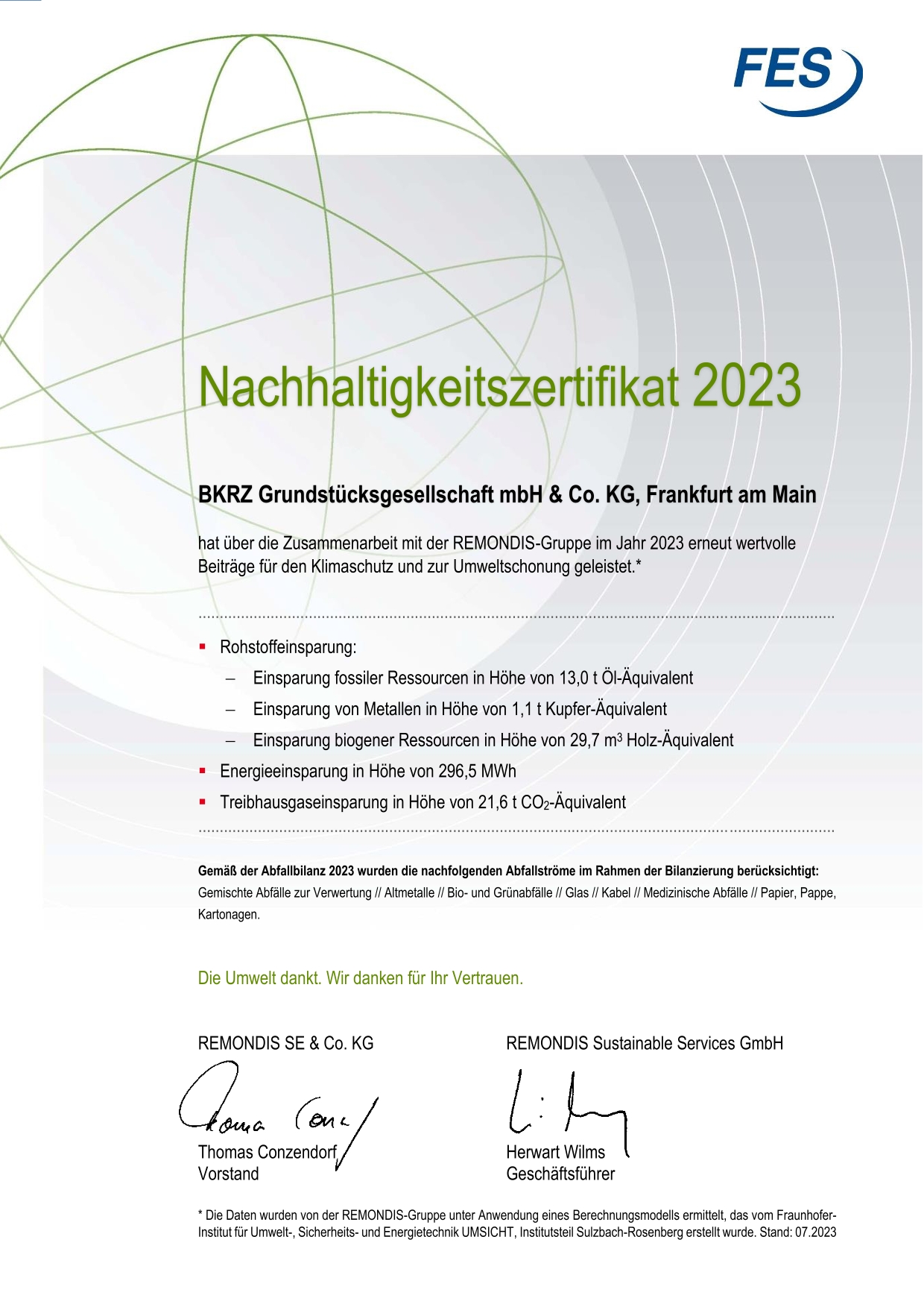 Nachhaltigkeitszertifikat 2023 der FES für die BKRZ | © BKRZ GmbH & Co. KG